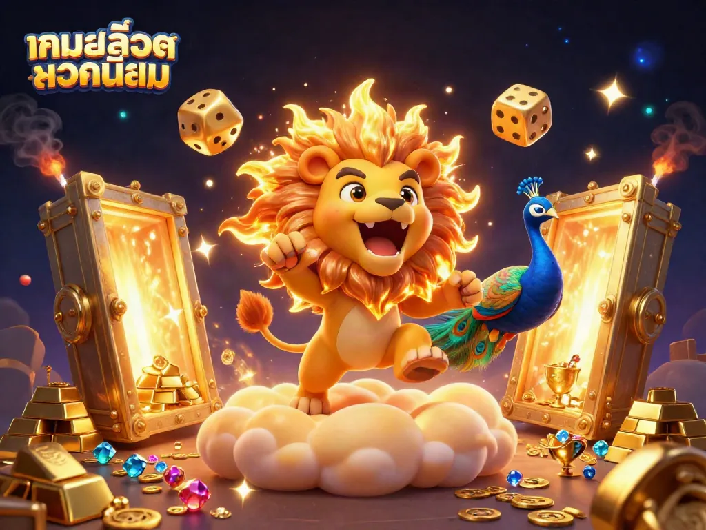Experience the excitement of เกมสล็อตยอดนิยม with a vibrant illustration of a 3D cartoon sun lion and interactive game elements.