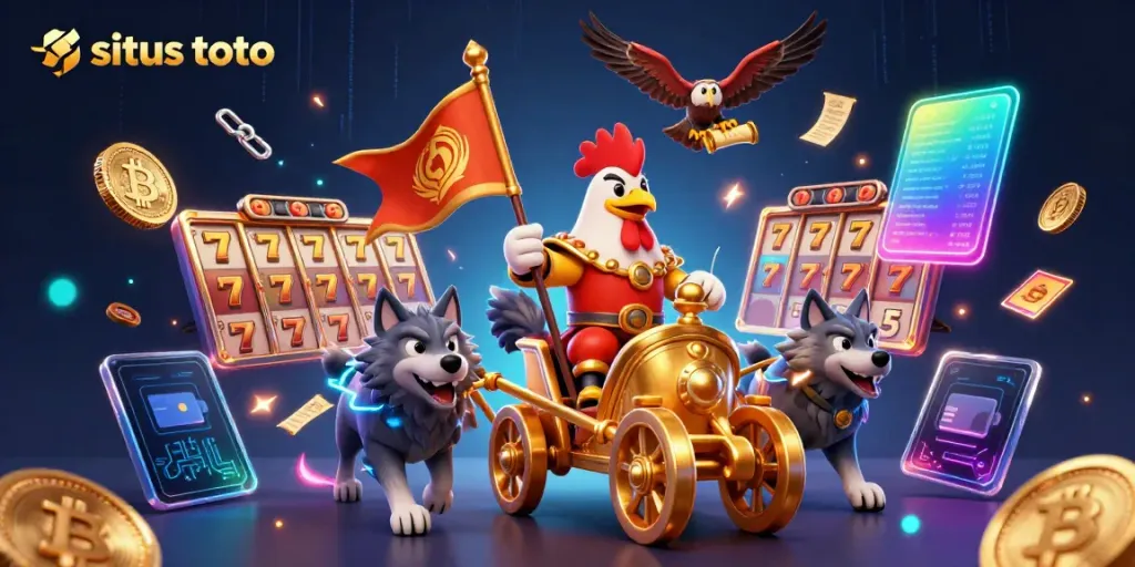 Engage with situs toto through a dynamic 3D cartoon scene featuring a rooster warlord and casino elements.