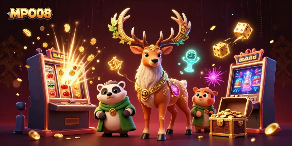 Experience the thrilling world of MPO08 with a 3D stag and badger amidst a jackpot explosion, slots, and mobile gaming.