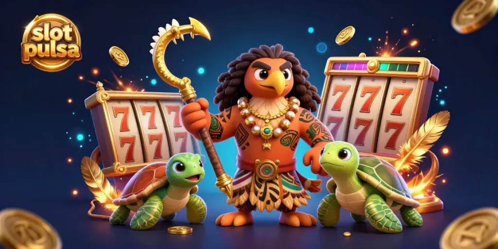 Gamer memainkan slot pulsa dengan simbol keberuntungan di kasino yang penuh warna.