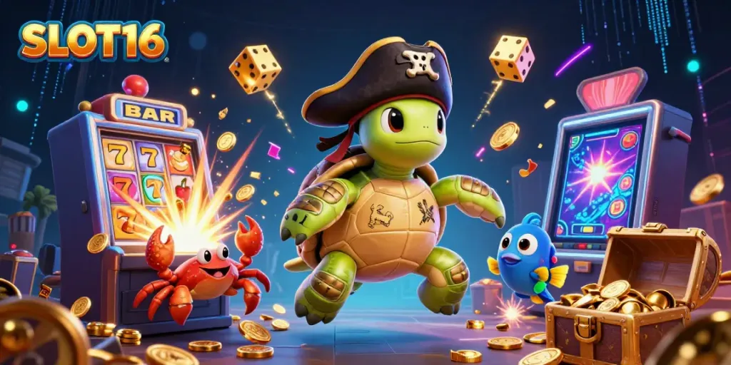 SLOT16 entertainment illustration with pirate turtle and treasure amid casino symbols