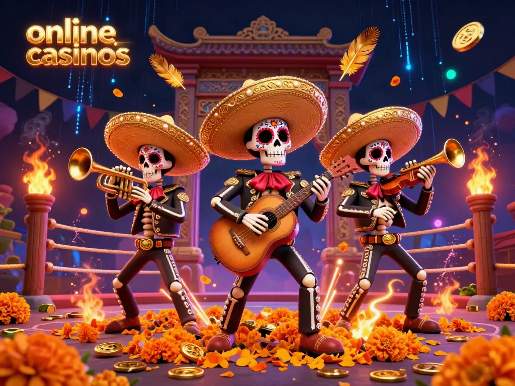 Experience the vibrant world of online casinos with a festive skeleton mariachi band creating a lively atmosphere.