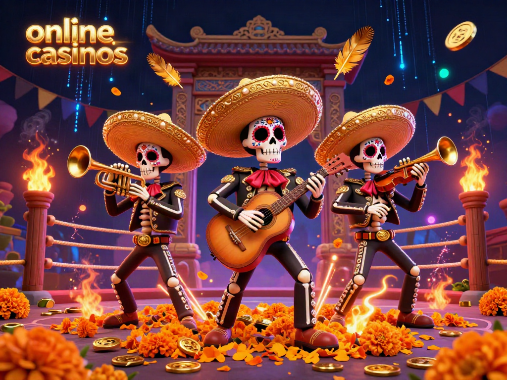 Experience the vibrant world of online casinos with a festive skeleton mariachi band creating a lively atmosphere.