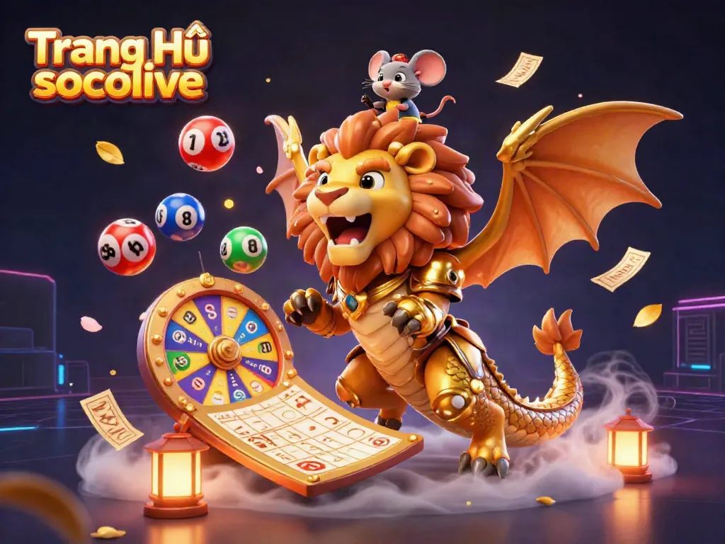 Engaging scene of Trang Chủ socolive showing a chimera creature in golden armor alongside colorful lottery elements.