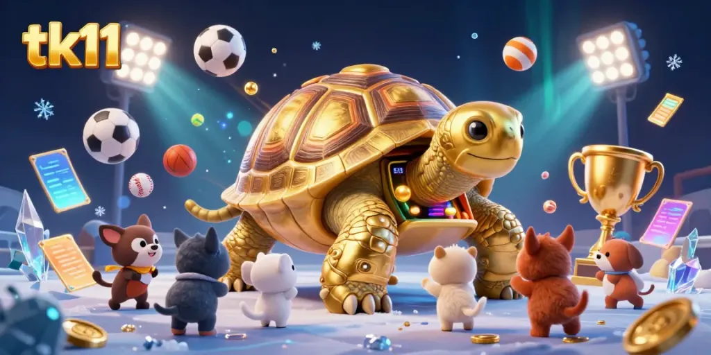 Engage with tk11, a vibrant casino scene featuring a golden tortoise pinball machine surrounded by excited players and animated sports elements.