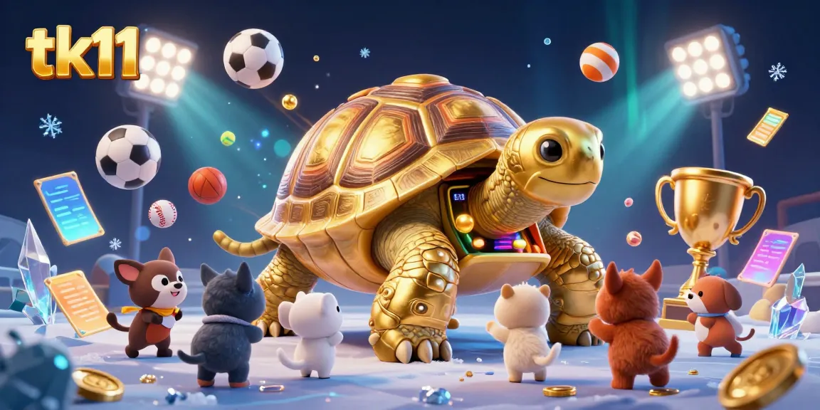 Engage with tk11, a vibrant casino scene featuring a golden tortoise pinball machine surrounded by excited players and animated sports elements.