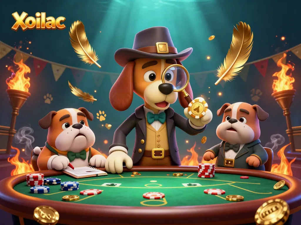 Xoilac detective bloodhound analyzes golden poker chip amidst vibrant casino scene filled with gaming elements.