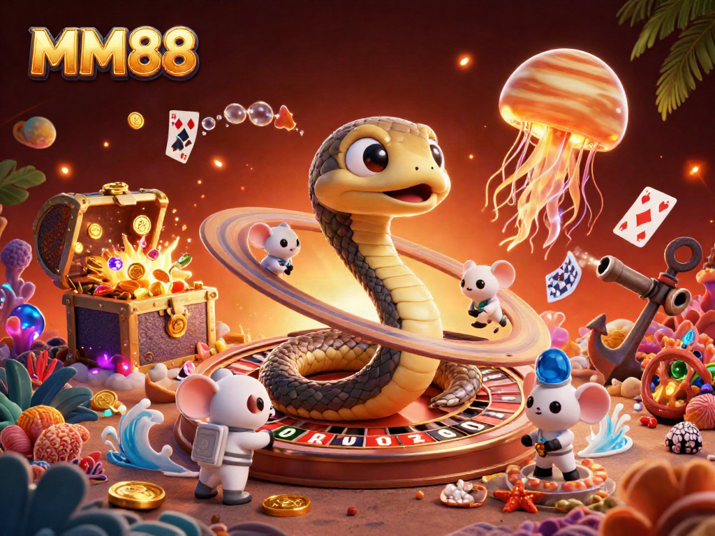 Engage in gambling excitement at MM88 with a vibrant cosmic roulette scene and playful astronaut mice.