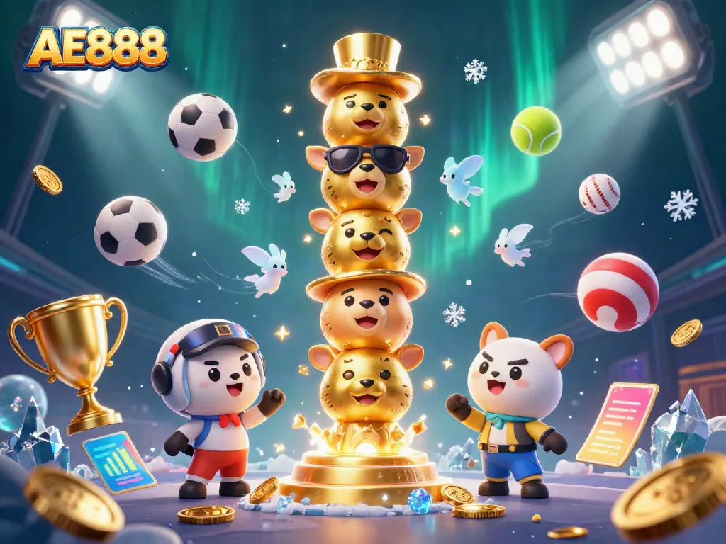 Engage with AE888 in a vibrant, animated casino scene featuring dynamic game elements and a golden totem pole.
