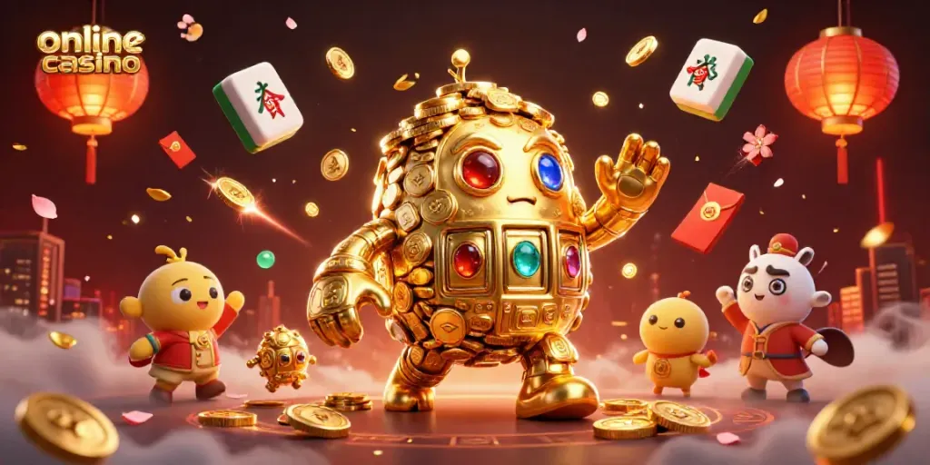 Engage with top online casino thrills in a vibrant scene featuring a golden golem and festive decorations.
