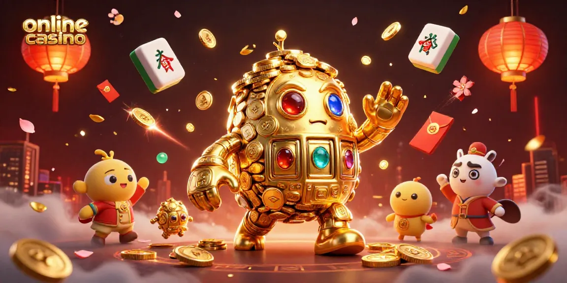 Engage with top online casino thrills in a vibrant scene featuring a golden golem and festive decorations.