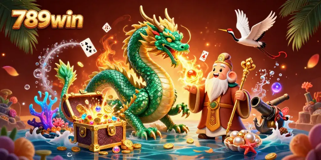 Experience thrilling gameplay with 789win as an emerald dragon and sage inspire fortune amidst a vibrant casino scene.