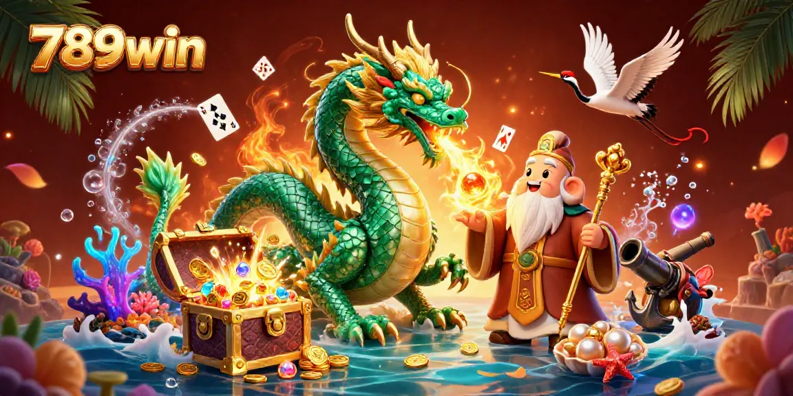 Experience thrilling gameplay with 789win as an emerald dragon and sage inspire fortune amidst a vibrant casino scene.
