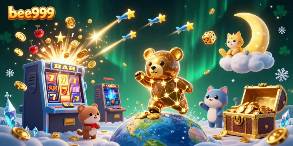 Experience thrilling gameplay with the bee999 constellation bear scooping coins from a dynamic casino scene.