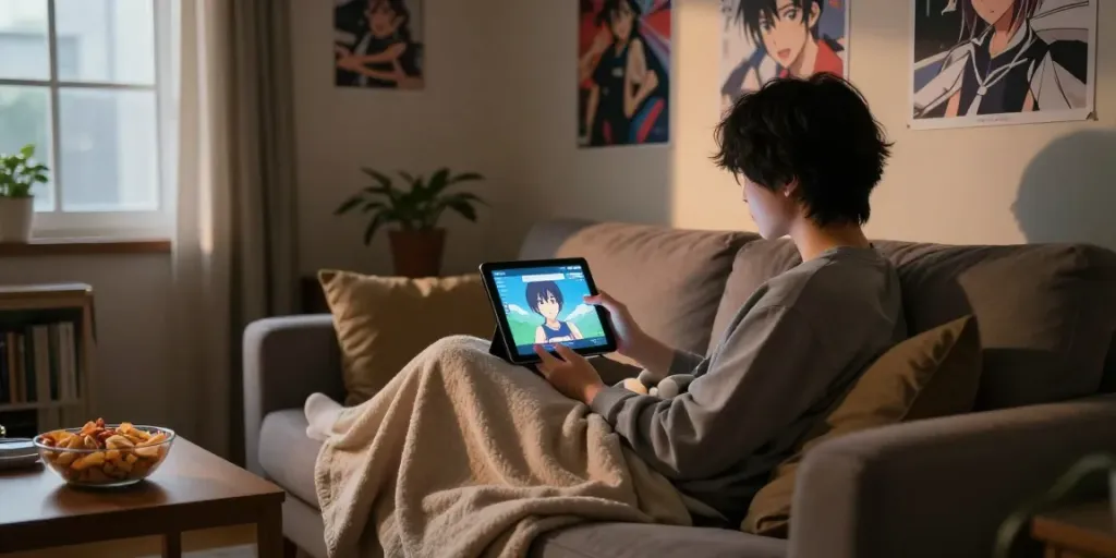 Personne regardant des anime sur Senpai Stream dans un salon confortable, ambiance chaleureuse.