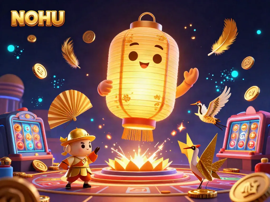 Experience the thrilling atmosphere of NOHU's gaming world with golden lantern spirits and vibrant slot elements.