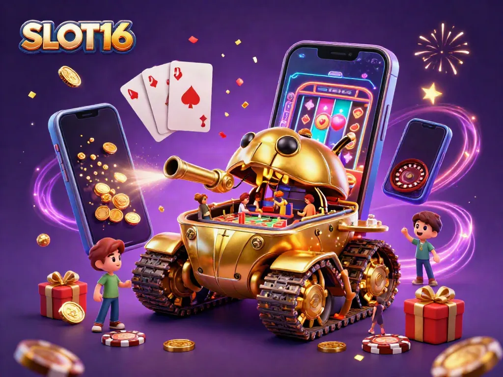 SLOT16 showcases a vibrant 3D golden beetle tank revealing a miniature casino, surrounded by exciting game elements and festive decorations.