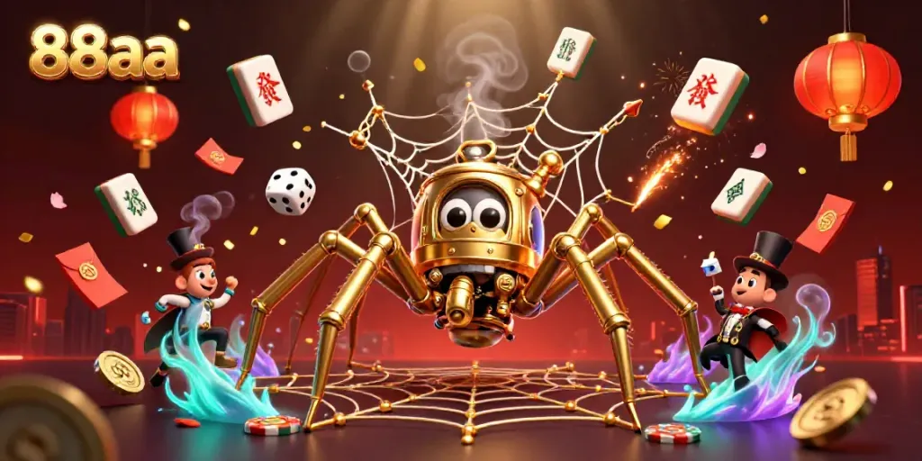 Engage with 88aa's vibrant casino theme featuring a steampunk spider capturing dice in a web.