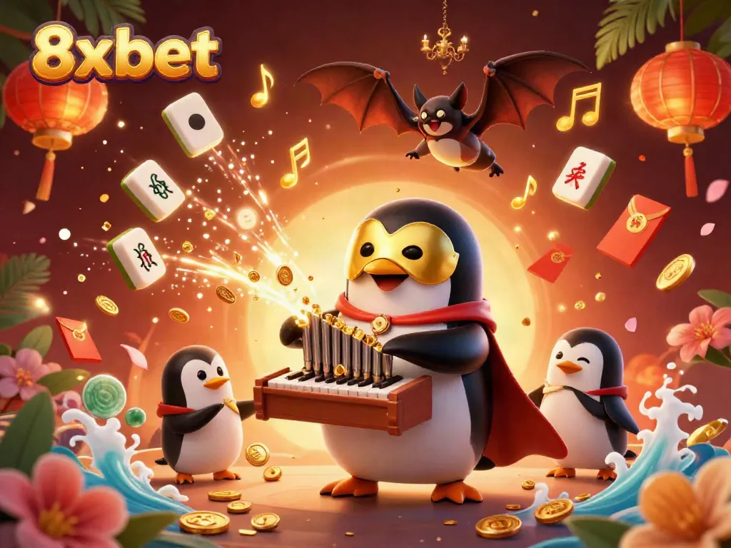 Experience winning moments at 8xbet with a dazzling 3D casino illustration of a penguin posing dynamically in a vibrant setting.