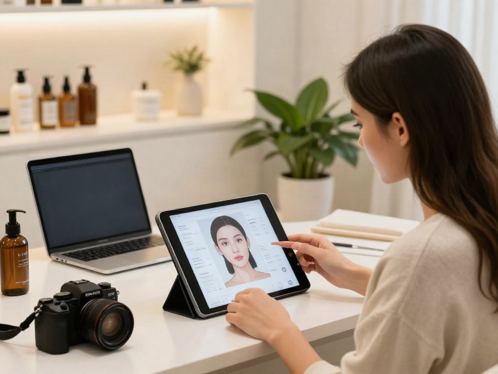 Alternatives to QOVES visualized in a modern beauty analysis setting with a woman reviewing her AI facial insights.