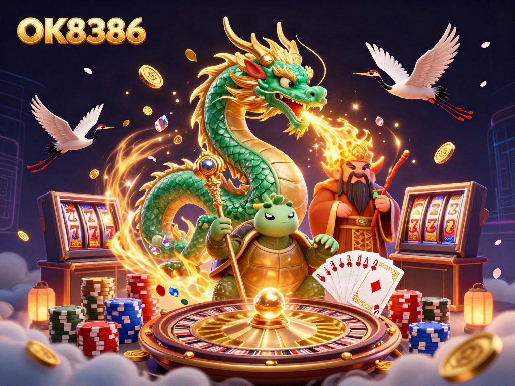 Engage with OK8386, where an emerald jade dragon breathes fire amidst a vibrant casino scene.