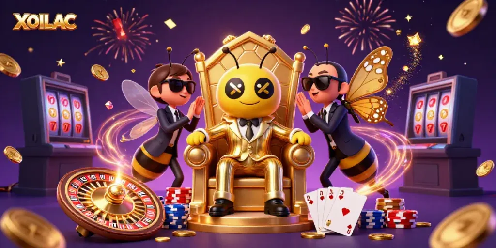 Experience the excitement of XOILAC with a dynamic scene featuring a bumblebee mob boss, gambling elements, and luxurious treasures.