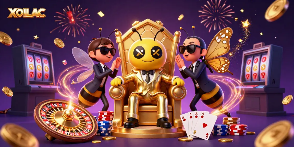 Experience the excitement of XOILAC with a dynamic scene featuring a bumblebee mob boss, gambling elements, and luxurious treasures.