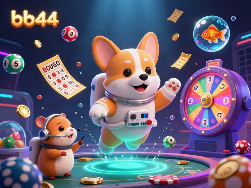 Engage with bb44 in a vibrant, animated casino scene featuring floating characters and dynamic game elements.