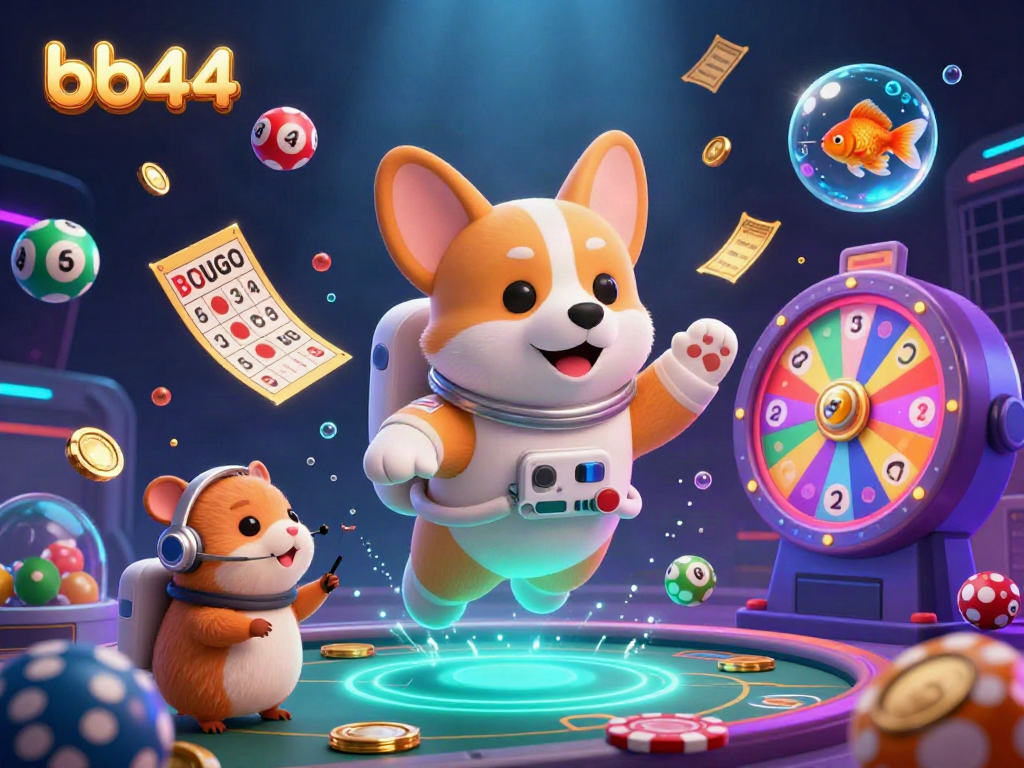 Engage with bb44 in a vibrant, animated casino scene featuring floating characters and dynamic game elements.