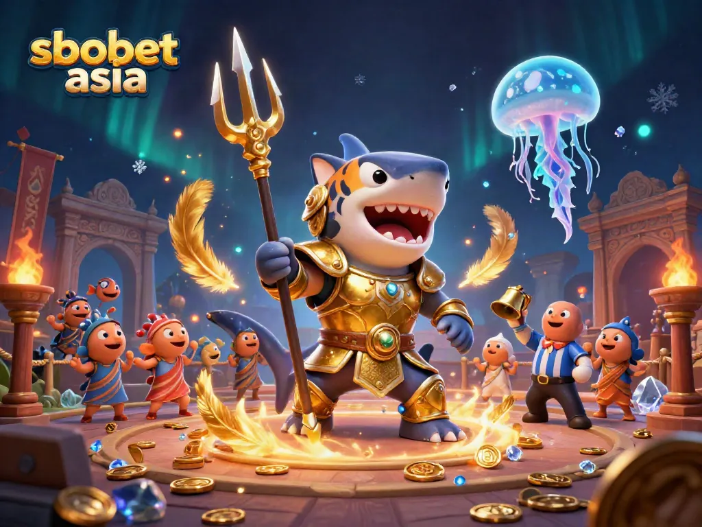 Bets on sbobet asia come alive in a vibrant underwater colosseum featuring a tiger shark in gladiator armor and cheering fish.