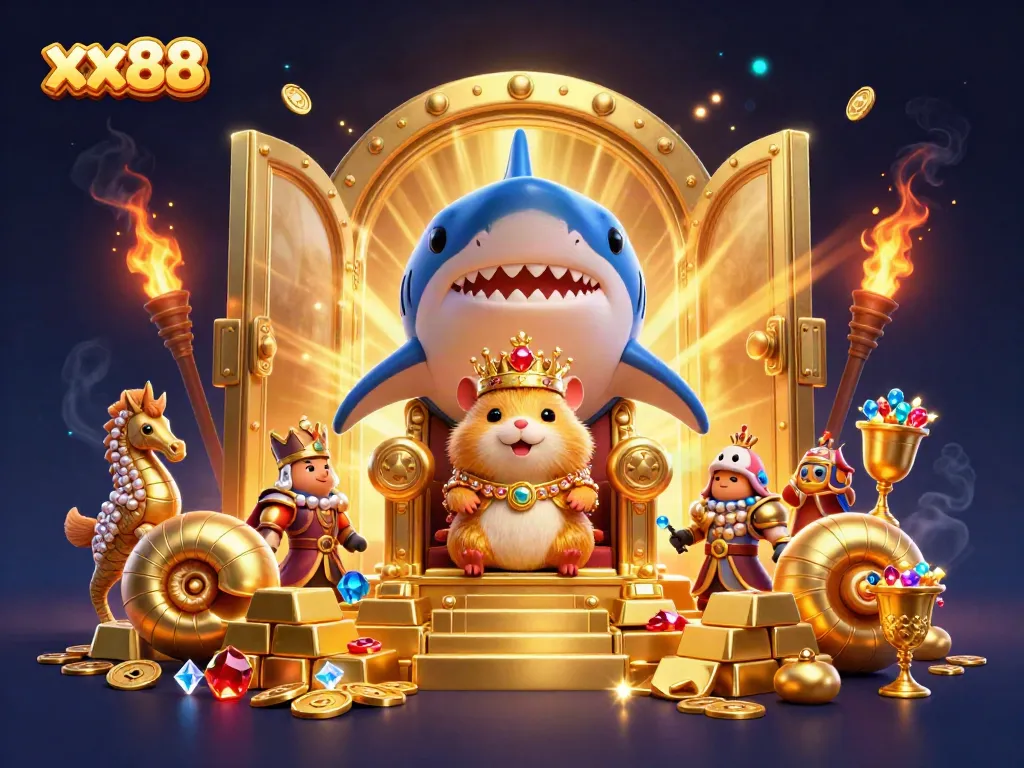 Experience the excitement of xx88 in a vibrant 3D casino scene with a golden hamster king.