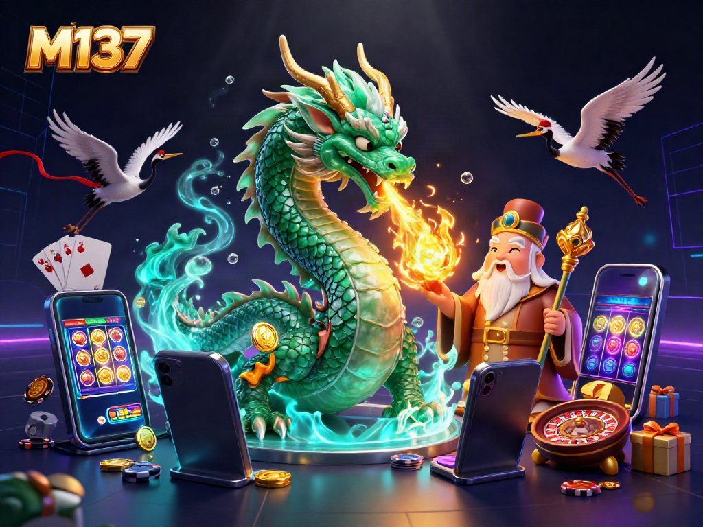 M137 engages players with vibrant 3D illustration showcasing slots, dragons, and dynamic game elements.
