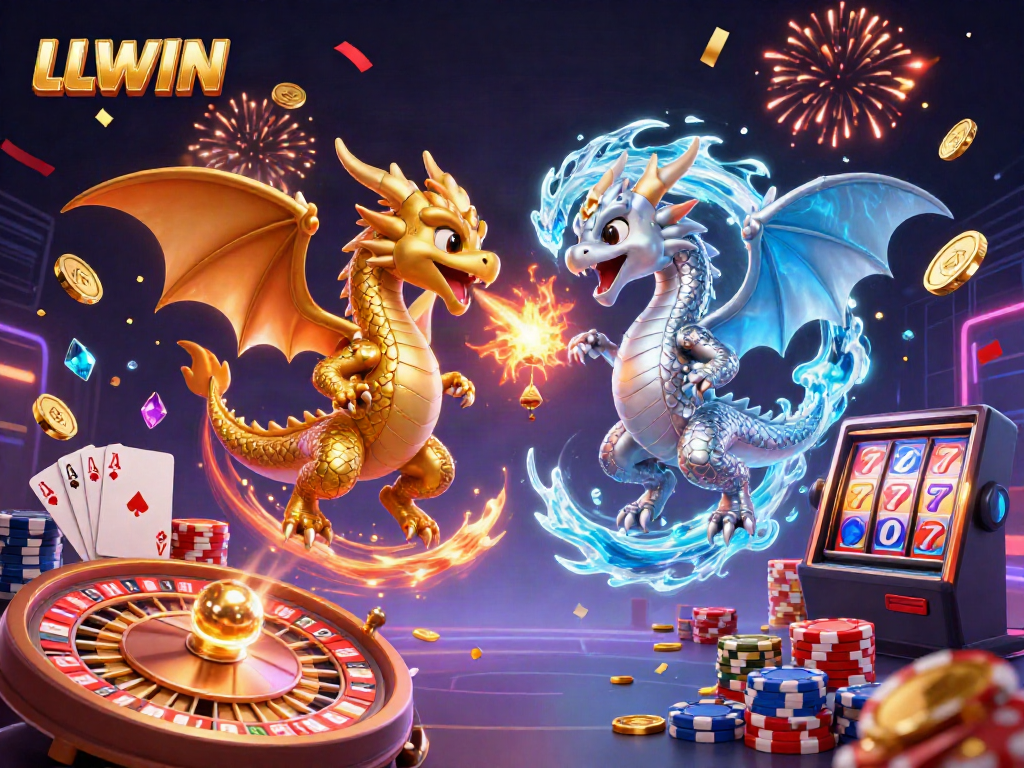 Experience thrilling wins at LLWIN with whimsical golden and silver dragons amidst casino attractions.