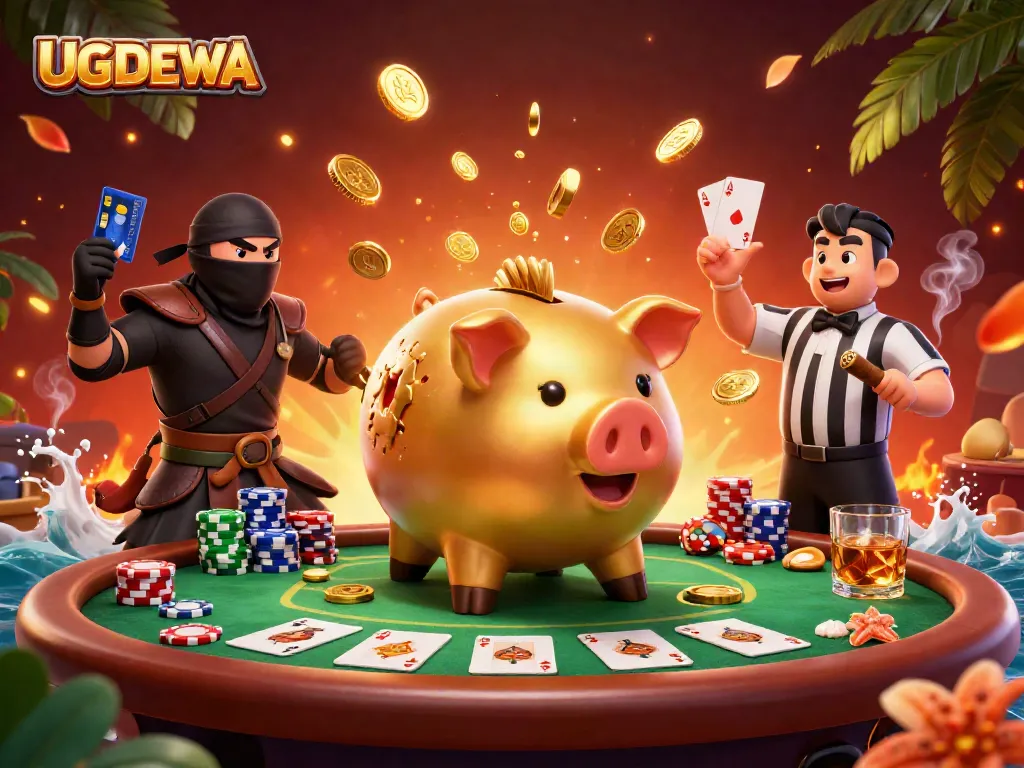 Experience the excitement of UGDEWA's poker showdown with lively characters and vibrant casino elements.