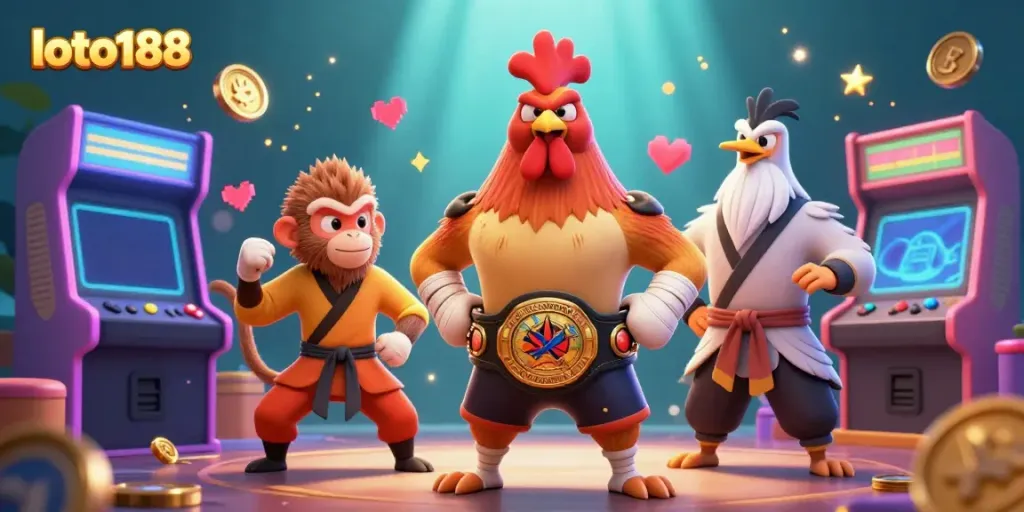 Master the excitement of loto188 with a fierce Muay Thai rooster, Shaolin monkey, and wise crane amidst dynamic casino elements.
