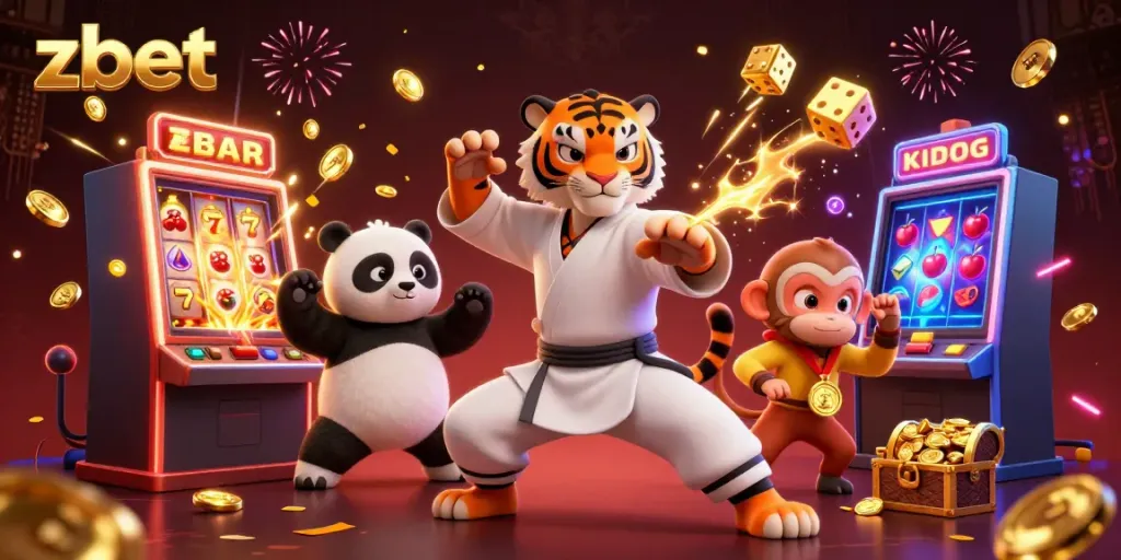 Experience thrilling zbet action with a kung fu tiger and friends celebrating a jackpot in a colorful casino scene.
