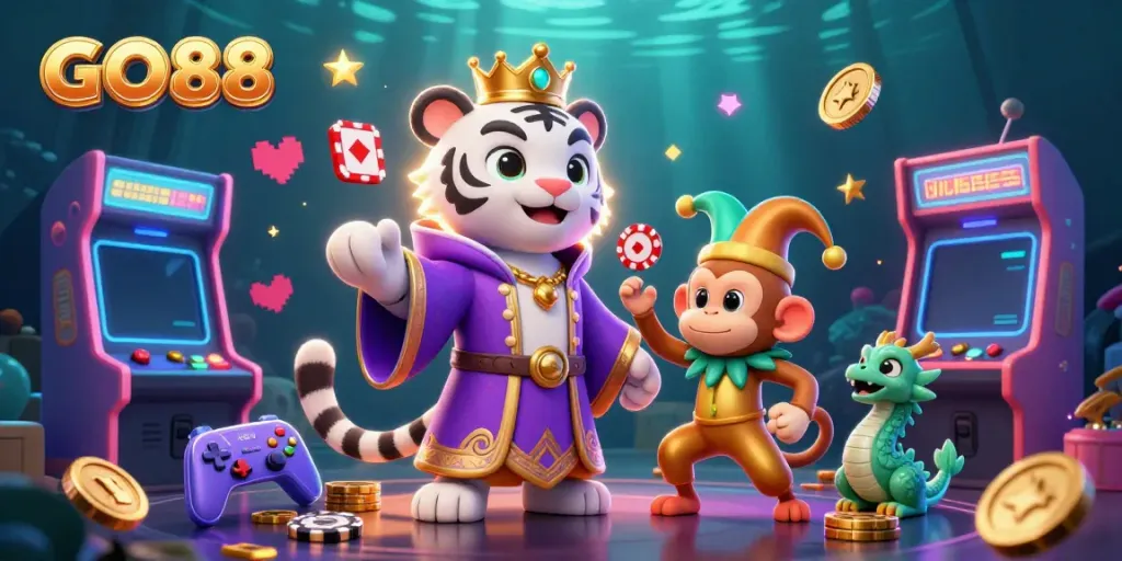 Engage with GO88's vibrant casino gaming adventure depicted by a royal tiger and playful monkey in a dynamic underwater setting.