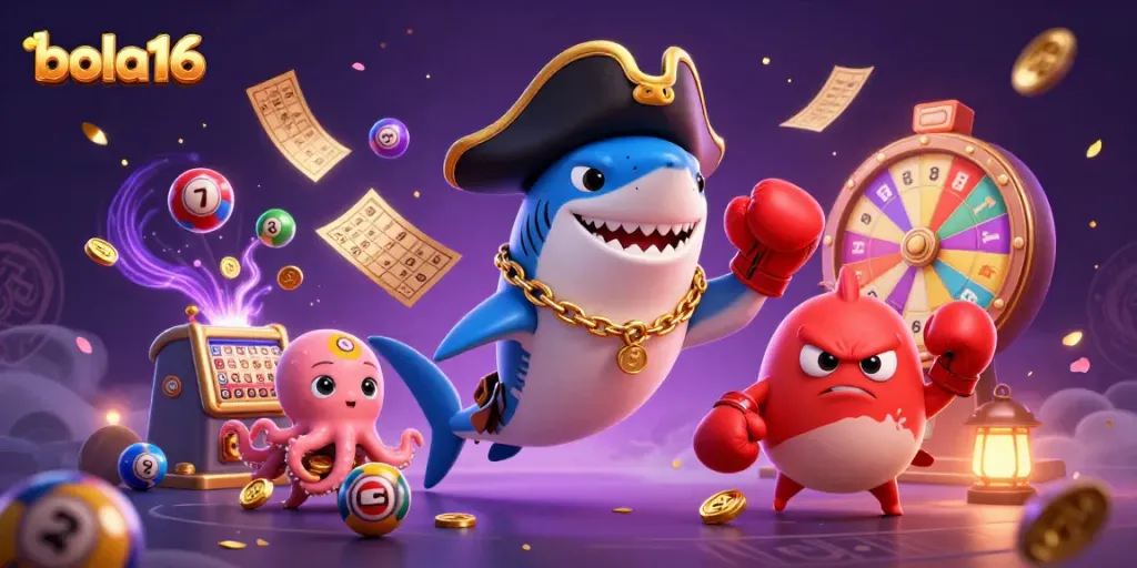 Bola16 features an engaging 3D scene with a pirate shark, pufferfish, and octopus surrounded by lottery elements.