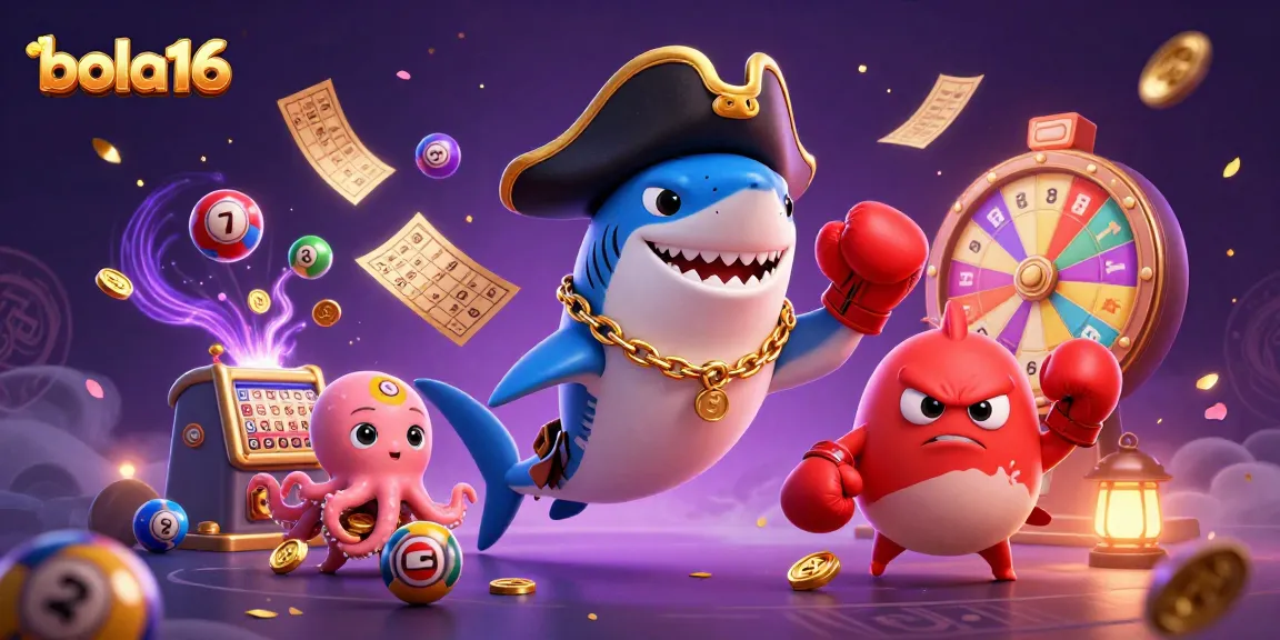 Bola16 features an engaging 3D scene with a pirate shark, pufferfish, and octopus surrounded by lottery elements.