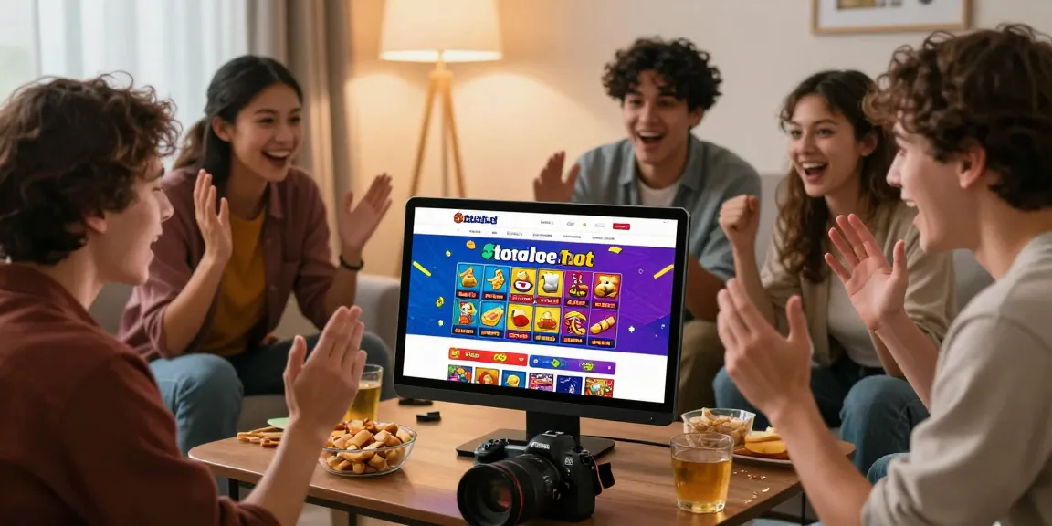 Diverse group enjoying online gaming at https://totobet.net/ with tablet and snacks in cozy living room.