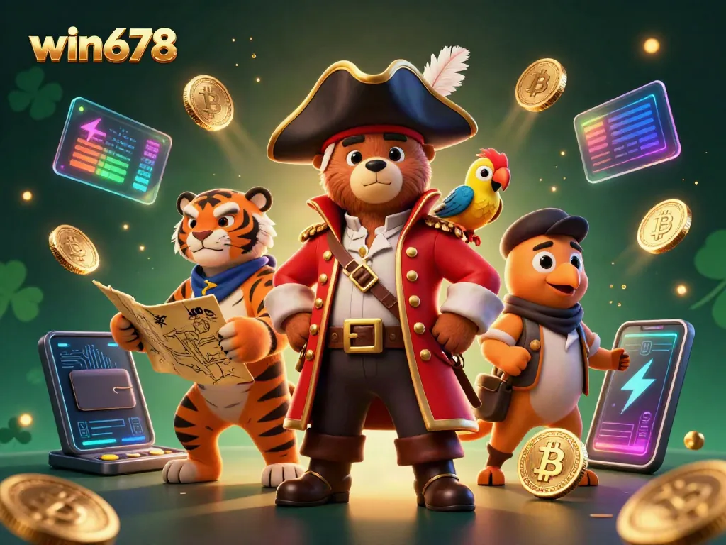 Experience exciting wins with win678 featuring a pirate captain, tiger, parrot, and crypto coins.