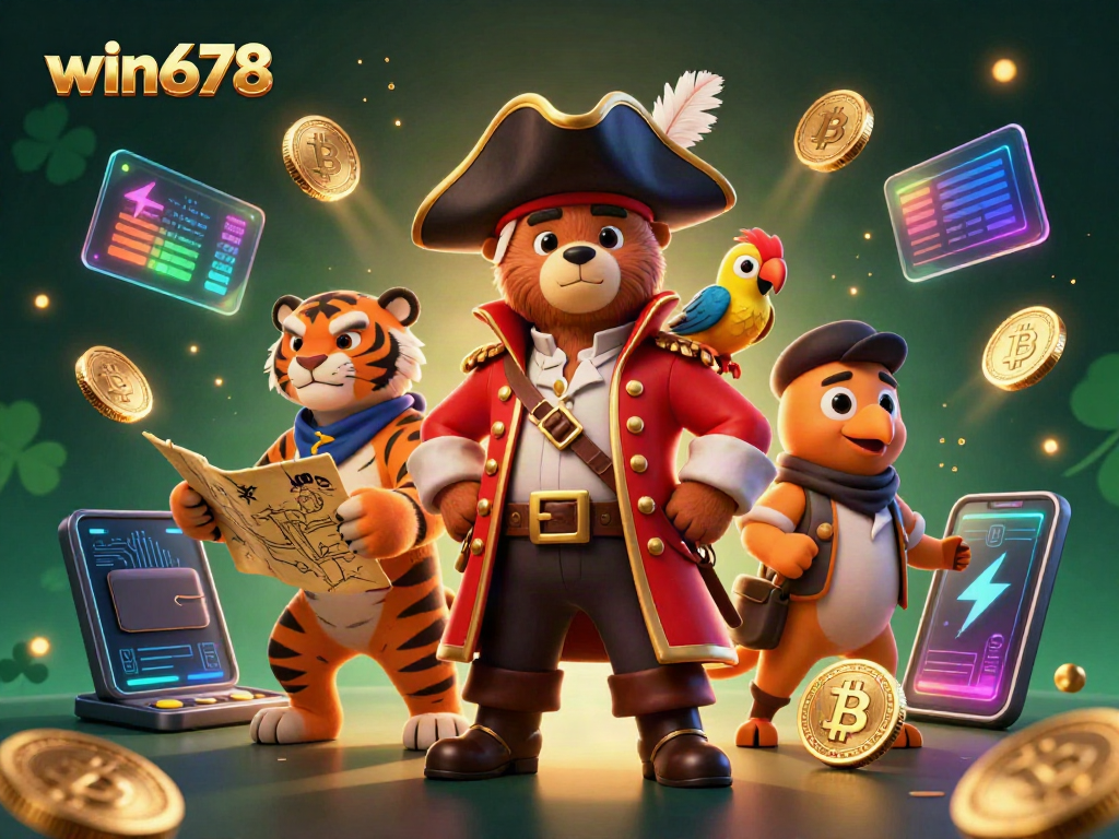 Experience exciting wins with win678 featuring a pirate captain, tiger, parrot, and crypto coins.