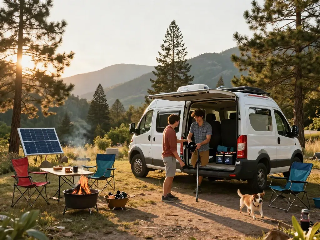 Lithium RV batteries energizing an outdoor campsite with a couple setting up their van.