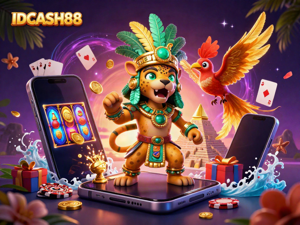 Experience lively gaming action with IDCASH88 featuring Mayan jaguar priest and vibrant casino elements.