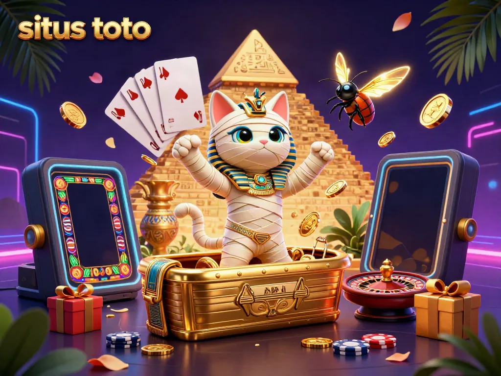 Engage in situs toto excitement with a vibrant scene featuring Egyptian mummy cat and glowing scarab beetle amidst casino games.