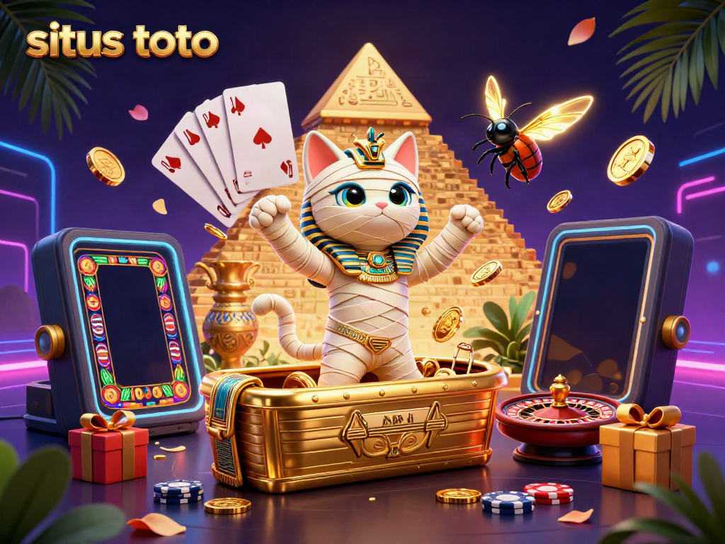 Engage in situs toto excitement with a vibrant scene featuring Egyptian mummy cat and glowing scarab beetle amidst casino games.