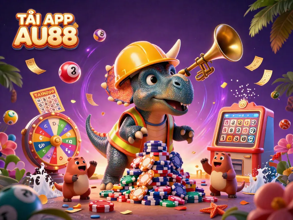 TẢI APP AU88 showcases a cartoon triceratops building poker chips, symbolizing the excitement of casino gaming.