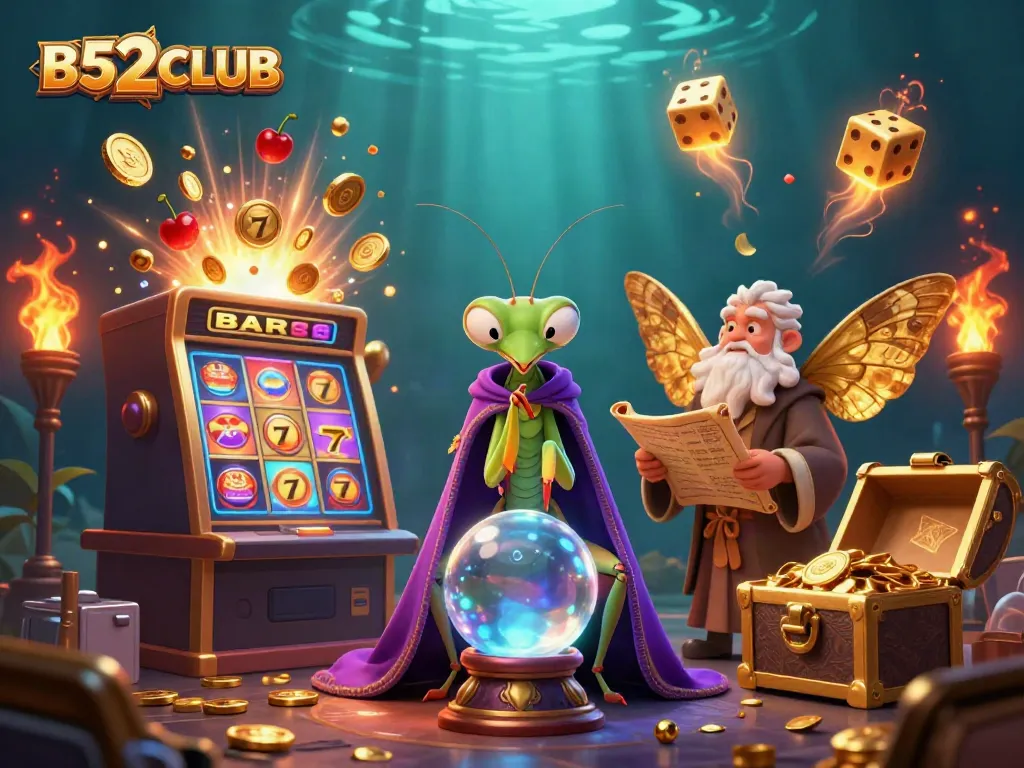 B52CLUB jackpot explosion illustration featuring mystical characters and vibrant casino elements.