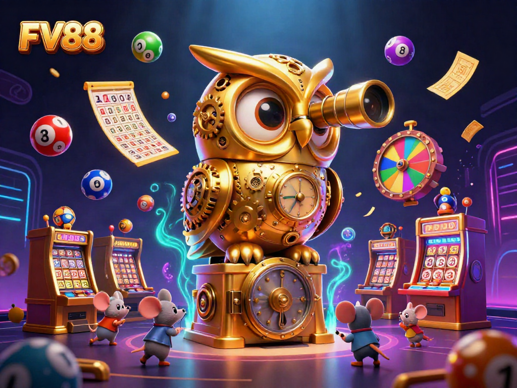 Experience FV88's dynamic casino atmosphere featuring a clockwork owl and lively gaming elements.