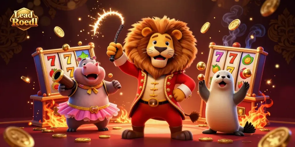 Engage with Lead Roedl's lively casino scene featuring a lion ringmaster, hippo, and seal amidst vibrant slot elements.